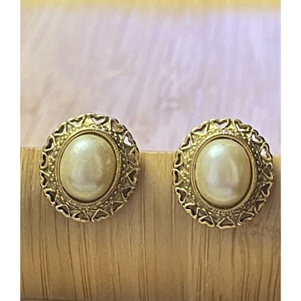 Gold Tone Faux Pearl Earrings Clip On Victorian Revival